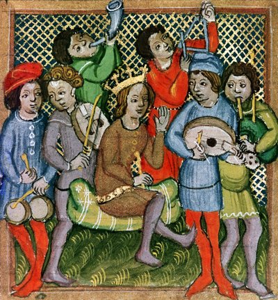 Zittende gekroonde figuur omringd door muzikanten die luit, doedelzak, driehoek, hoorn, altviool en drums spelen (manuscript) door Czech School